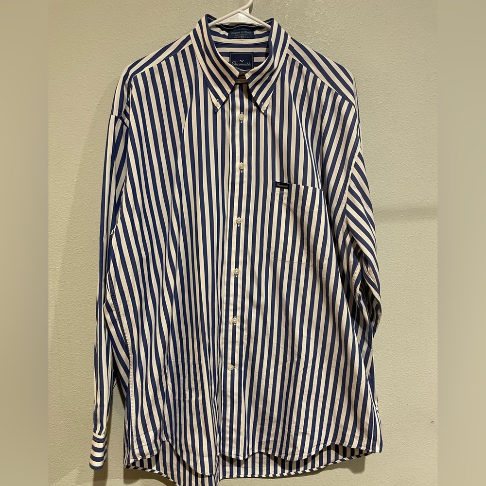 Faconnable Navy and White Striped Button Down Shirt
